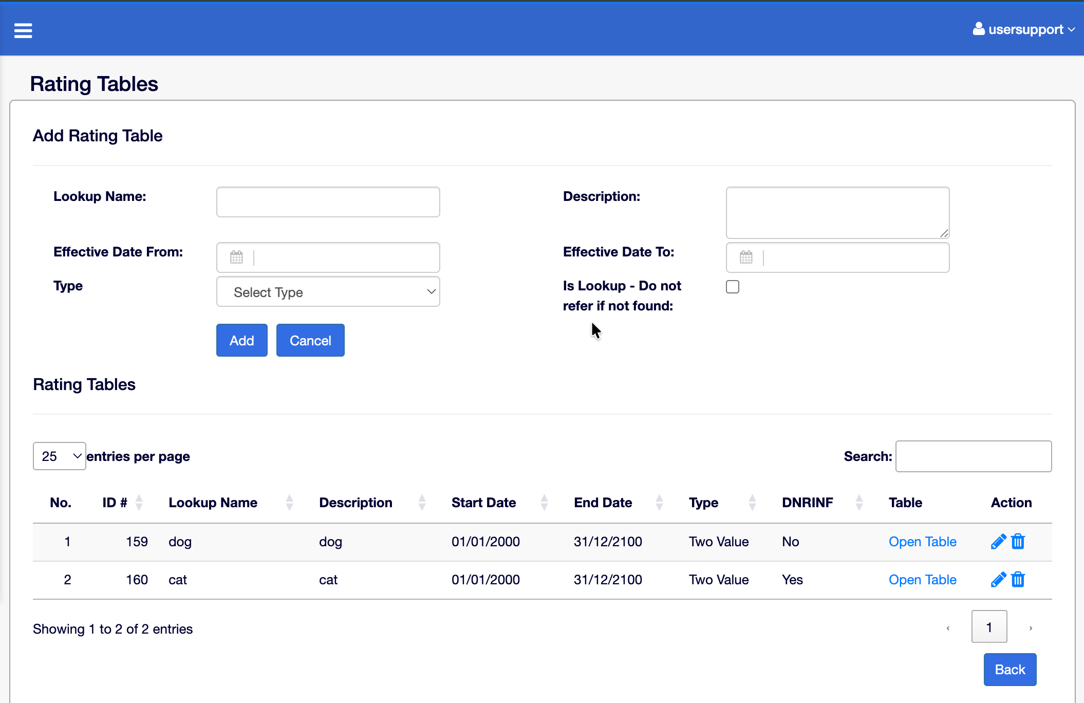 InsuredHQ rating table management - breed and species rates organised by effective date ranges, edited directly in the Core UI