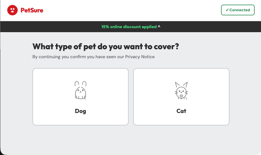 Species selection screen — Dog or Cat